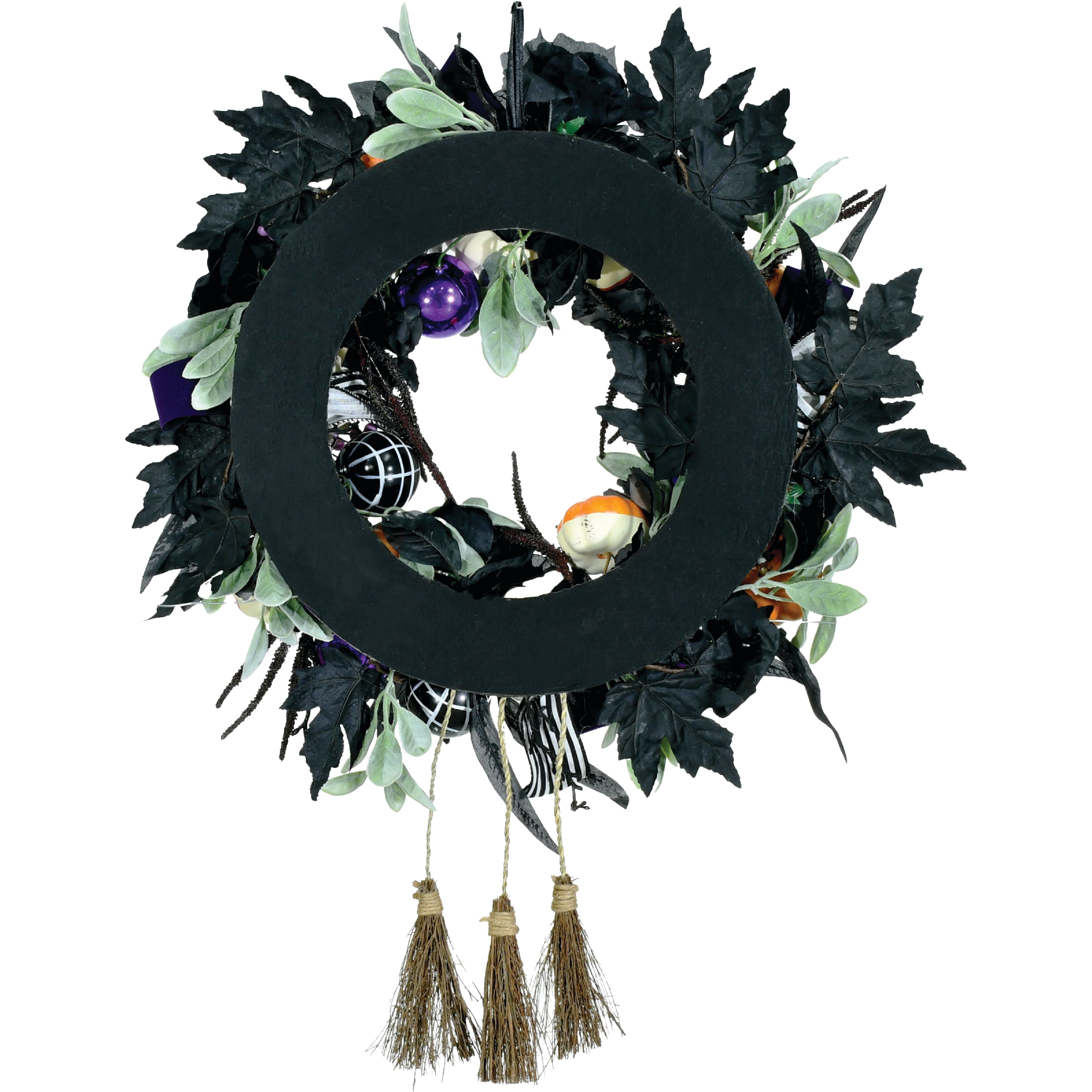 Haunted Hill Farm - 24-in. Halloween Wreath with Pumpkins, Brooms, and Black Leaves - Black, Multi