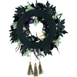 Haunted Hill Farm - 24-in. Halloween Wreath with Pumpkins, Brooms, and Black Leaves - Black, Multi