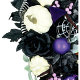 Haunted Hill Farm - 24-in. Halloween Wreath with Pumpkins, Brooms, and Black Leaves - Black, Multi