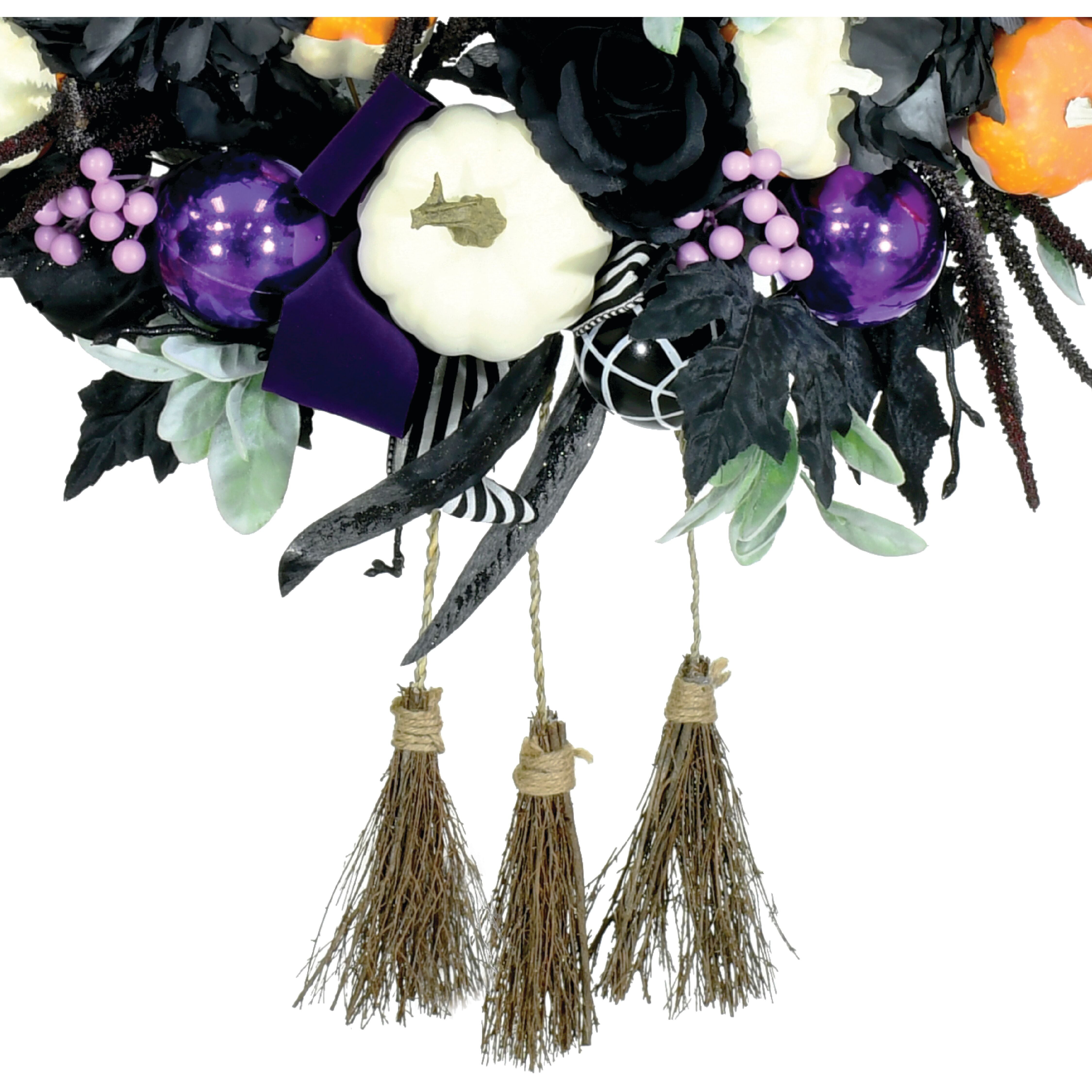 Haunted Hill Farm - 24-in. Halloween Wreath with Pumpkins, Brooms, and Black Leaves - Black, Multi