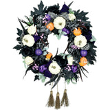 Haunted Hill Farm - 24-in. Halloween Wreath with Pumpkins, Brooms, and Black Leaves - Black, Multi