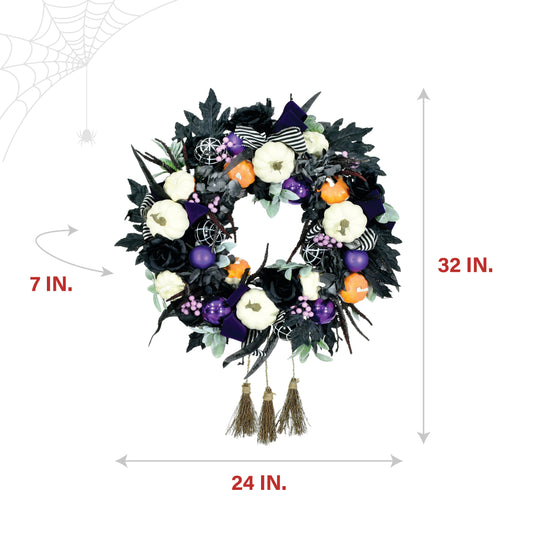 Haunted Hill Farm - 24-in. Halloween Wreath with Pumpkins, Brooms, and Black Leaves - Black, Multi