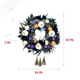 Haunted Hill Farm - 24-in. Halloween Wreath with Pumpkins, Brooms, and Black Leaves - Black, Multi