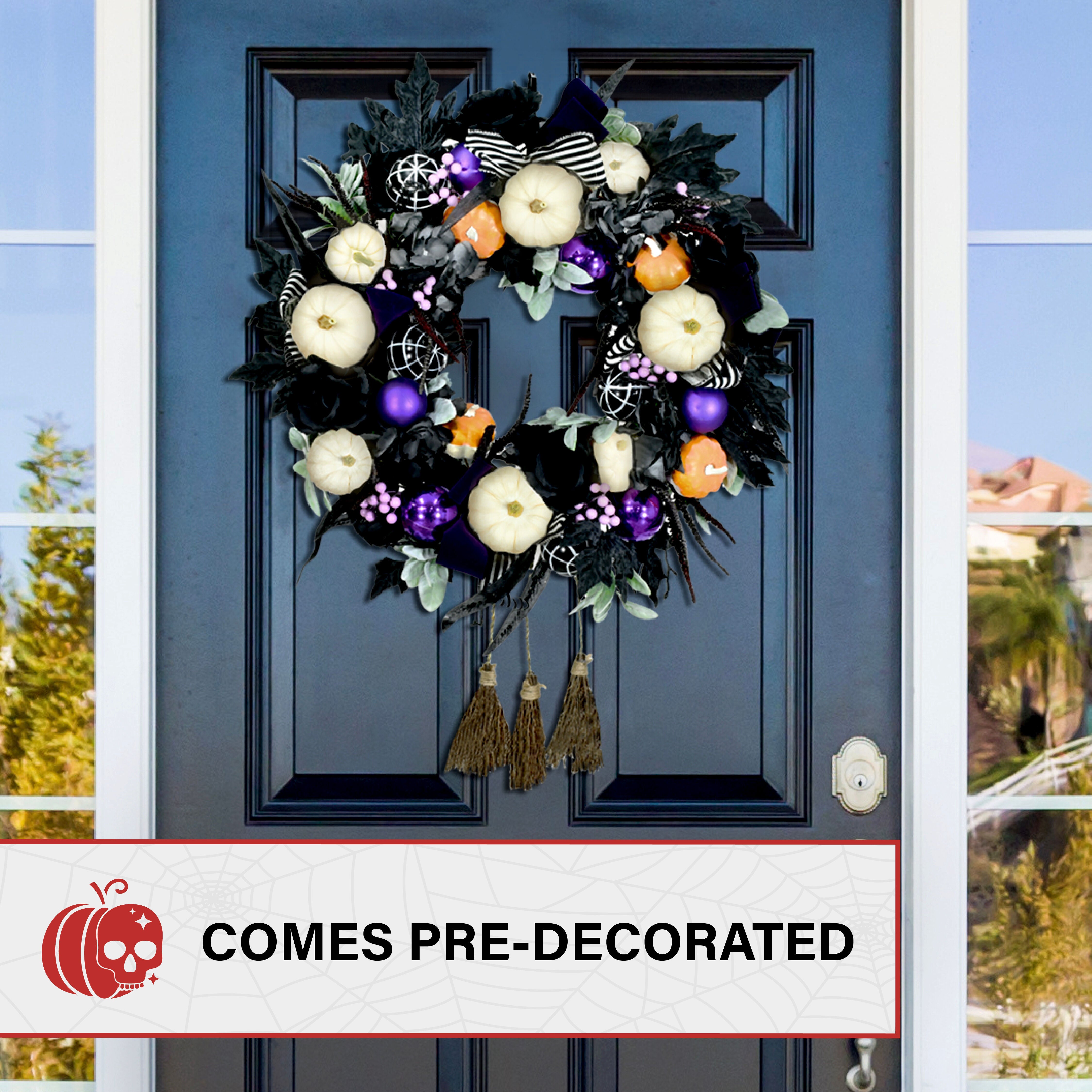 Haunted Hill Farm - 24-in. Halloween Wreath with Pumpkins, Brooms, and Black Leaves - Black, Multi