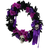 Haunted Hill Farm - 22-In. Gothic Skull Wreath with Black, Pink, and Purple Flowers, Indoor or Covered Outdoor Halloween Decoration - Multi