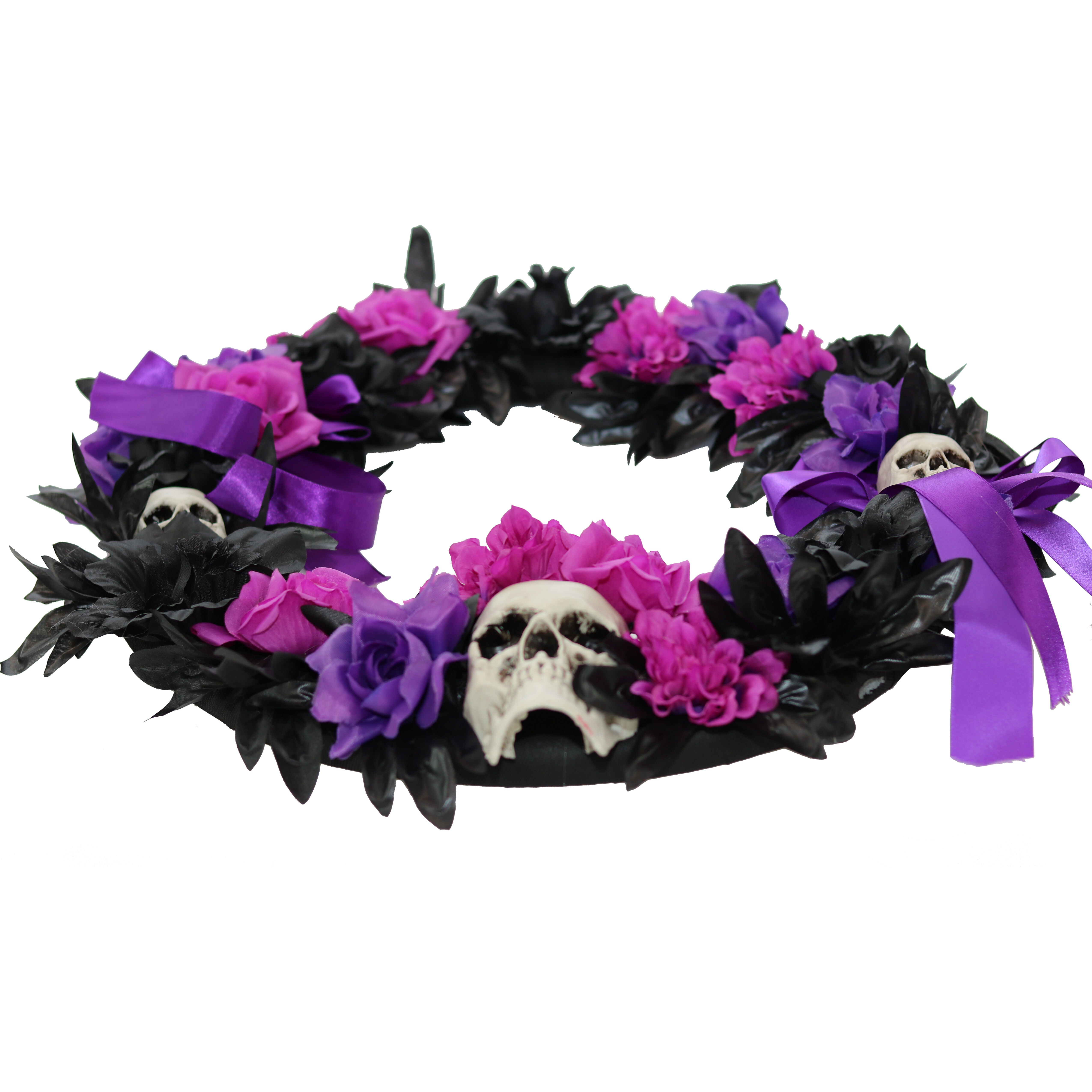 Haunted Hill Farm - 22-In. Gothic Skull Wreath with Black, Pink, and Purple Flowers, Indoor or Covered Outdoor Halloween Decoration - Multi