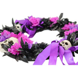 Haunted Hill Farm - 22-In. Gothic Skull Wreath with Black, Pink, and Purple Flowers, Indoor or Covered Outdoor Halloween Decoration - Multi