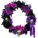 Haunted Hill Farm - 22-In. Gothic Skull Wreath with Black, Pink, and Purple Flowers, Indoor or Covered Outdoor Halloween Decoration - Multi