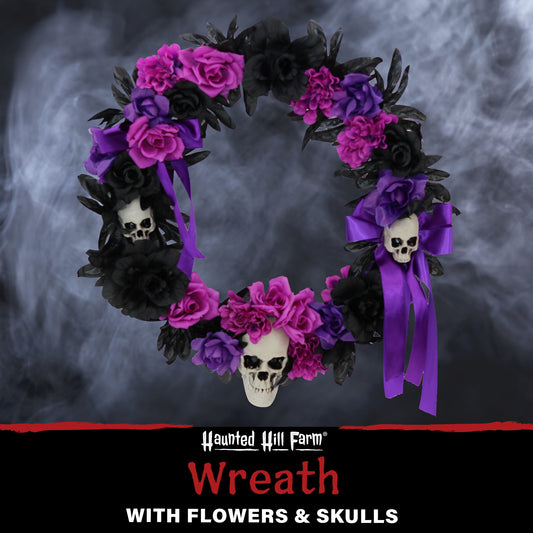 Haunted Hill Farm - 22-In. Gothic Skull Wreath with Black, Pink, and Purple Flowers, Indoor or Covered Outdoor Halloween Decoration - Multi