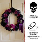 Haunted Hill Farm - 22-In. Gothic Skull Wreath with Black, Pink, and Purple Flowers, Indoor or Covered Outdoor Halloween Decoration - Multi