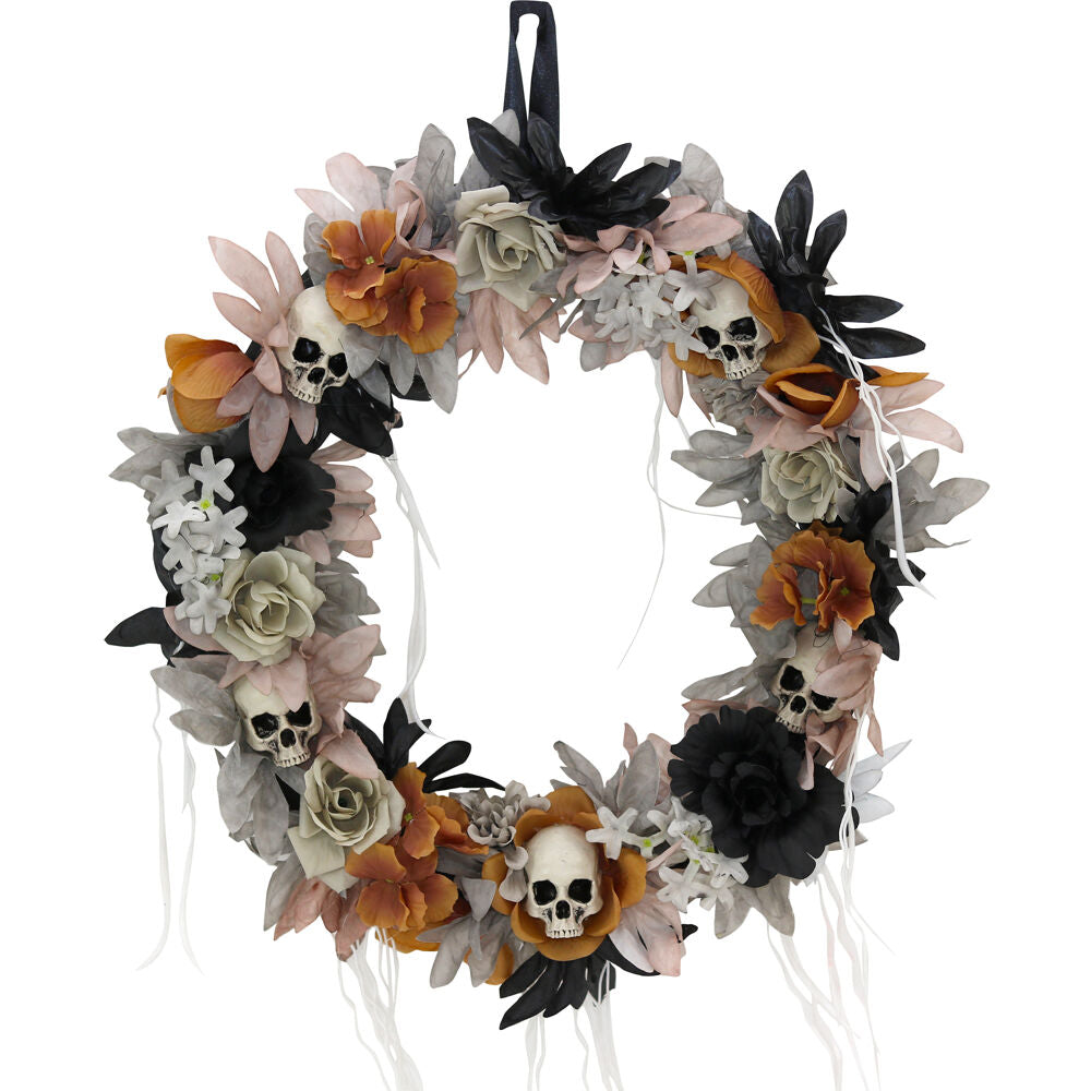 Haunted Hill Farm - 22-in. Gothic Skull Wreath with Multicolor Flowers, Indoor or Covered Outdoor Halloween Decoration - Multi