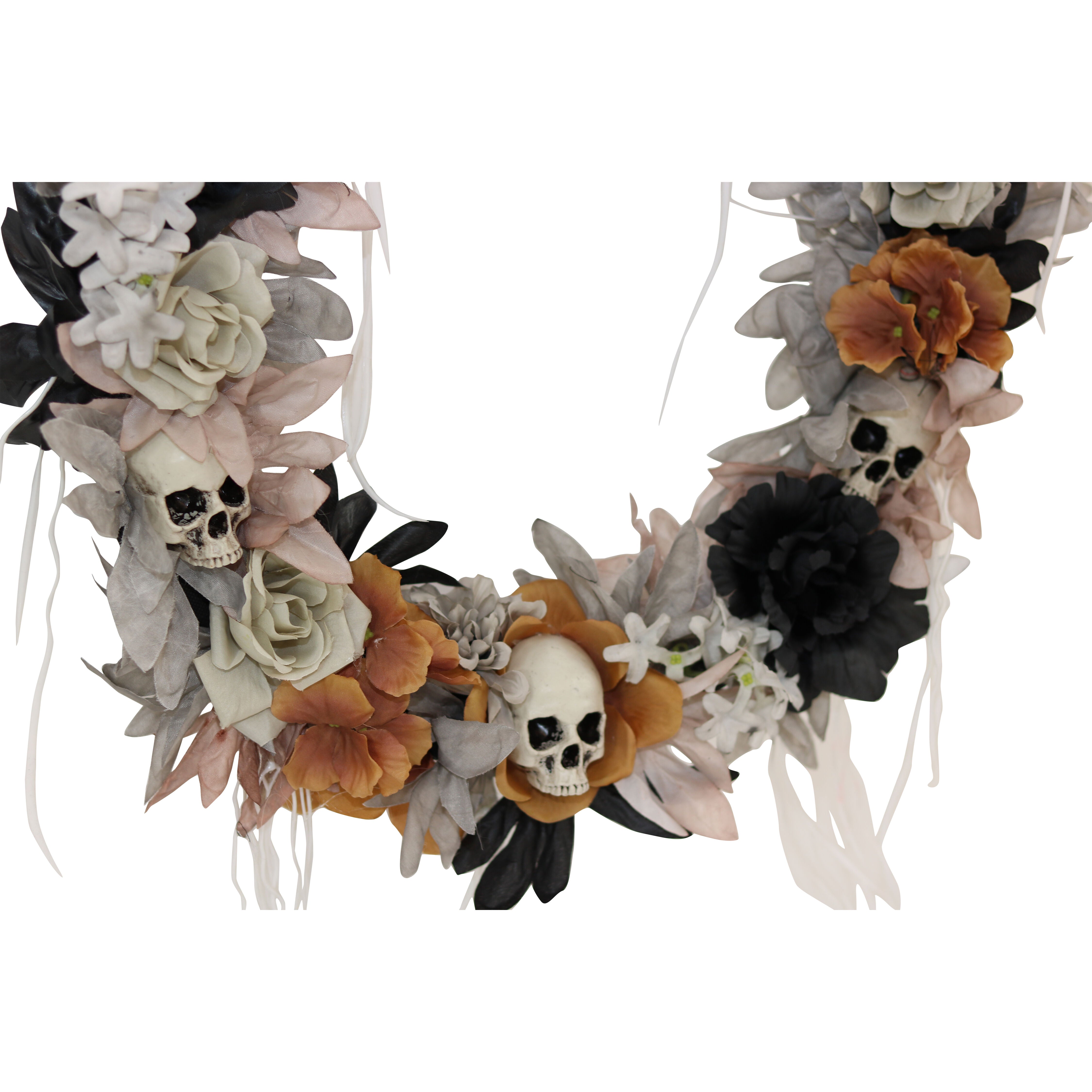 Haunted Hill Farm - 22-in. Gothic Skull Wreath with Multicolor Flowers, Indoor or Covered Outdoor Halloween Decoration - Multi