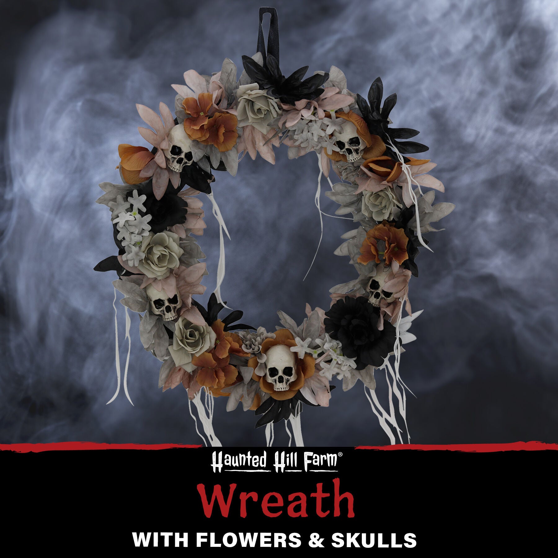 Haunted Hill Farm - 22-in. Gothic Skull Wreath with Multicolor Flowers, Indoor or Covered Outdoor Halloween Decoration - Multi