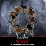 Haunted Hill Farm - 22-in. Gothic Skull Wreath with Multicolor Flowers, Indoor or Covered Outdoor Halloween Decoration - Multi