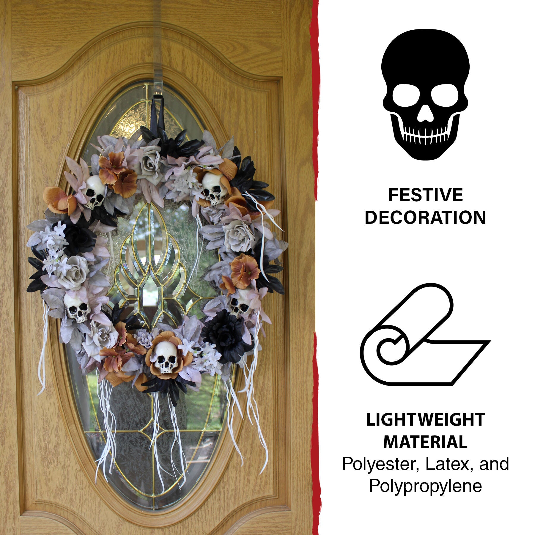 Haunted Hill Farm - 22-in. Gothic Skull Wreath with Multicolor Flowers, Indoor or Covered Outdoor Halloween Decoration - Multi