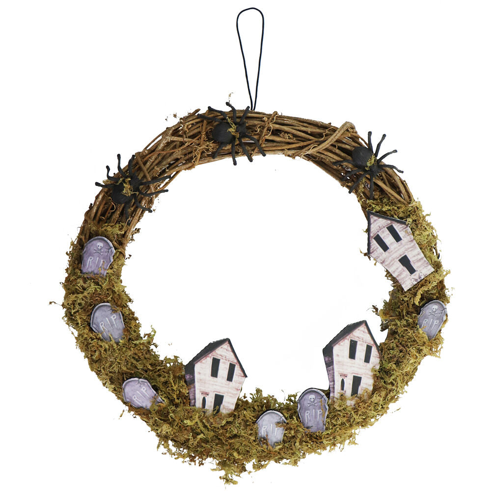 Haunted Hill Farm - 15-In. Natural Grapevine Wreath with Spiders, Tombstones, and Haunted Houses for Halloween Door or Wall Decoration - Brown