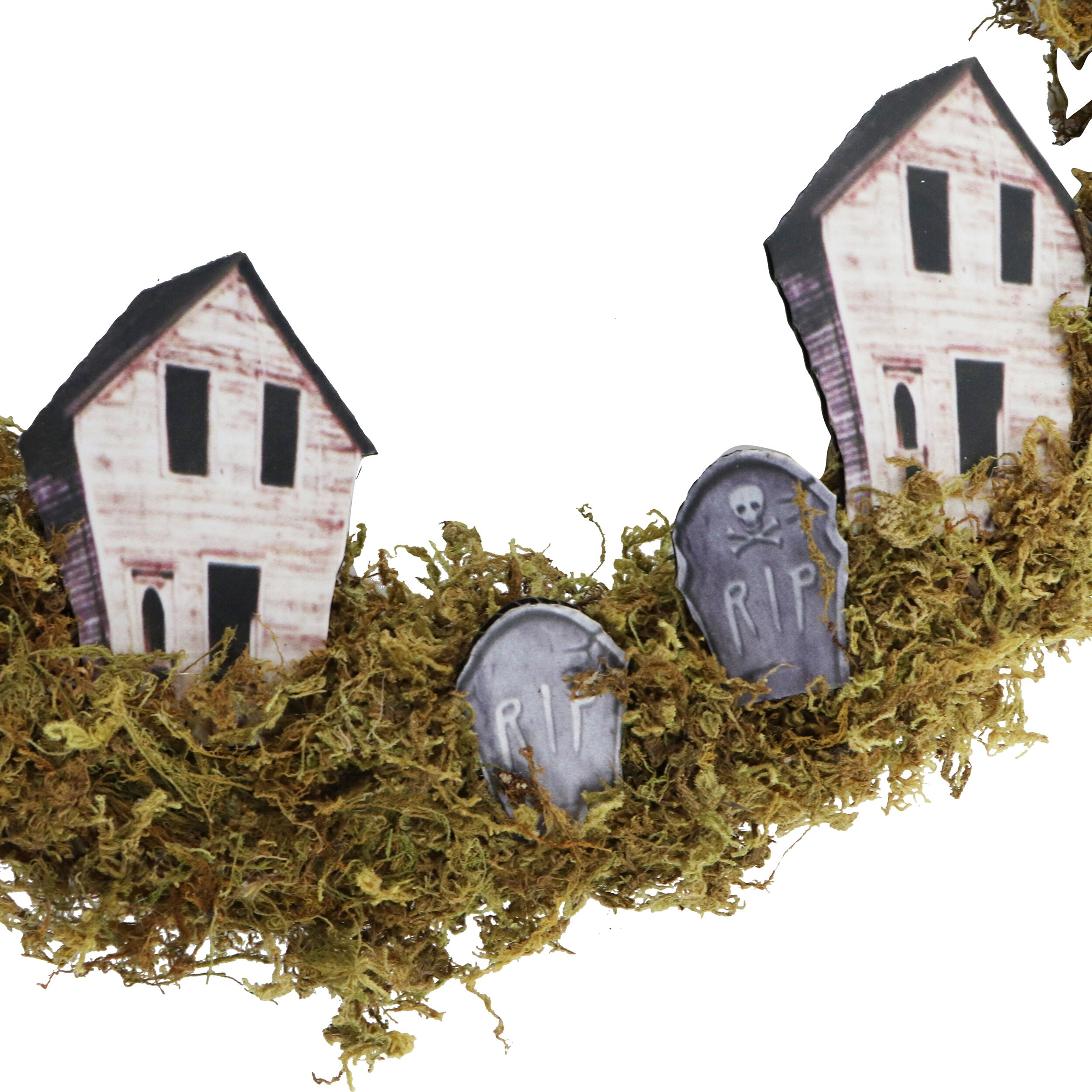 Haunted Hill Farm - 15-In. Natural Grapevine Wreath with Spiders, Tombstones, and Haunted Houses for Halloween Door or Wall Decoration - Brown