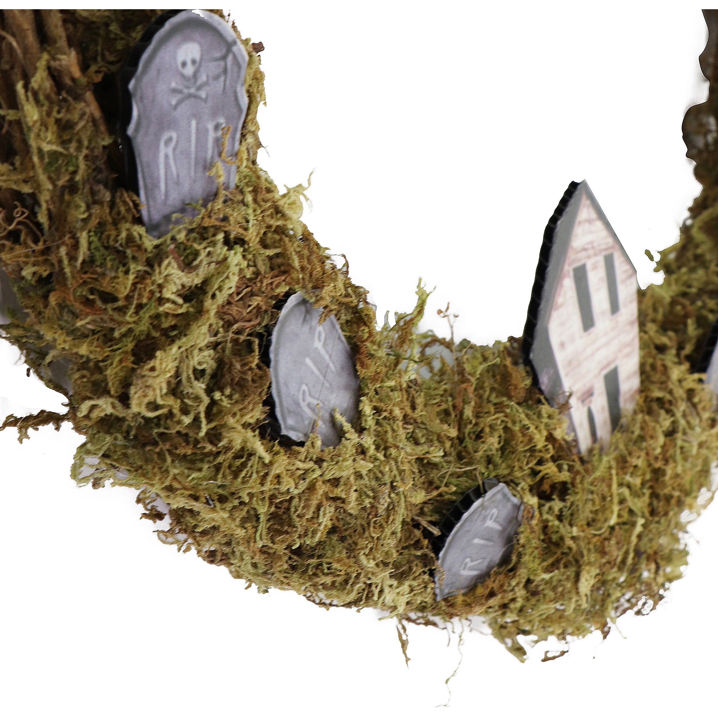 Haunted Hill Farm - 15-In. Natural Grapevine Wreath with Spiders, Tombstones, and Haunted Houses for Halloween Door or Wall Decoration - Brown