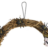 Haunted Hill Farm - 15-In. Natural Grapevine Wreath with Spiders, Tombstones, and Haunted Houses for Halloween Door or Wall Decoration - Brown