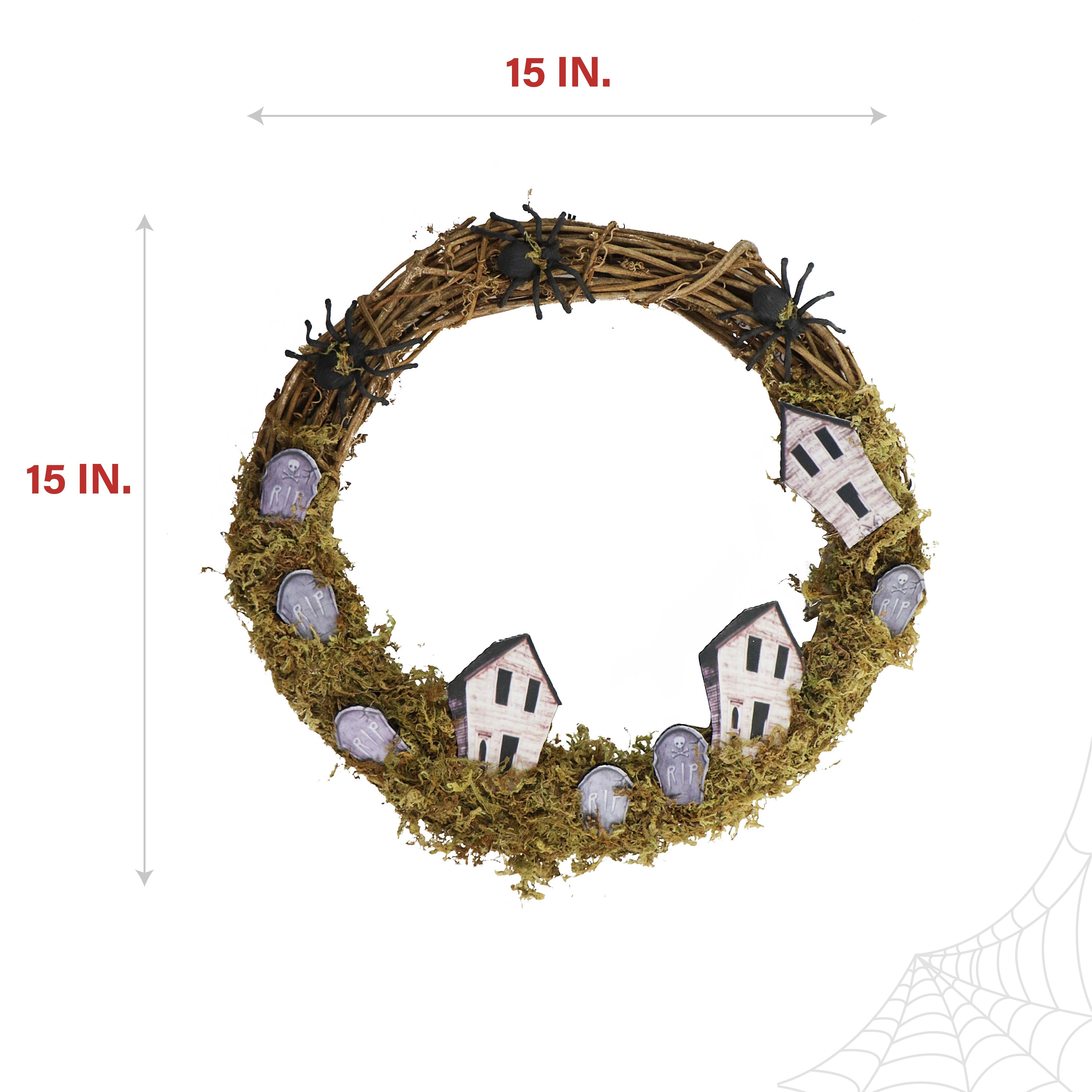 Haunted Hill Farm - 15-In. Natural Grapevine Wreath with Spiders, Tombstones, and Haunted Houses for Halloween Door or Wall Decoration - Brown