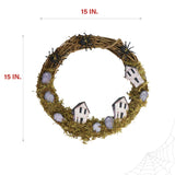 Haunted Hill Farm - 15-In. Natural Grapevine Wreath with Spiders, Tombstones, and Haunted Houses for Halloween Door or Wall Decoration - Brown