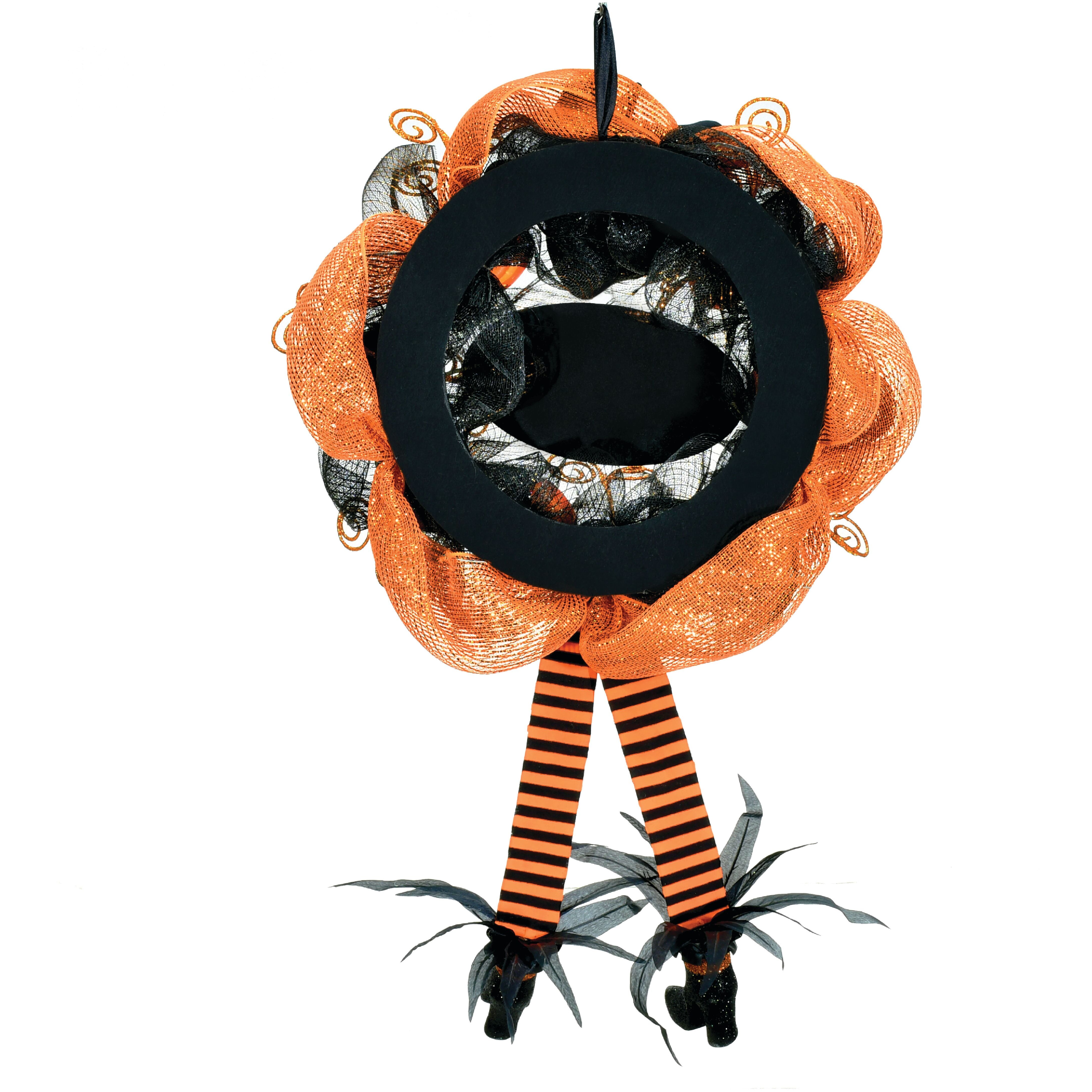 Haunted Hill Farm - 24-in. Halloween Wreath with Witch Hat and Legs, Pumpkins, and Ornaments - Black, Orange