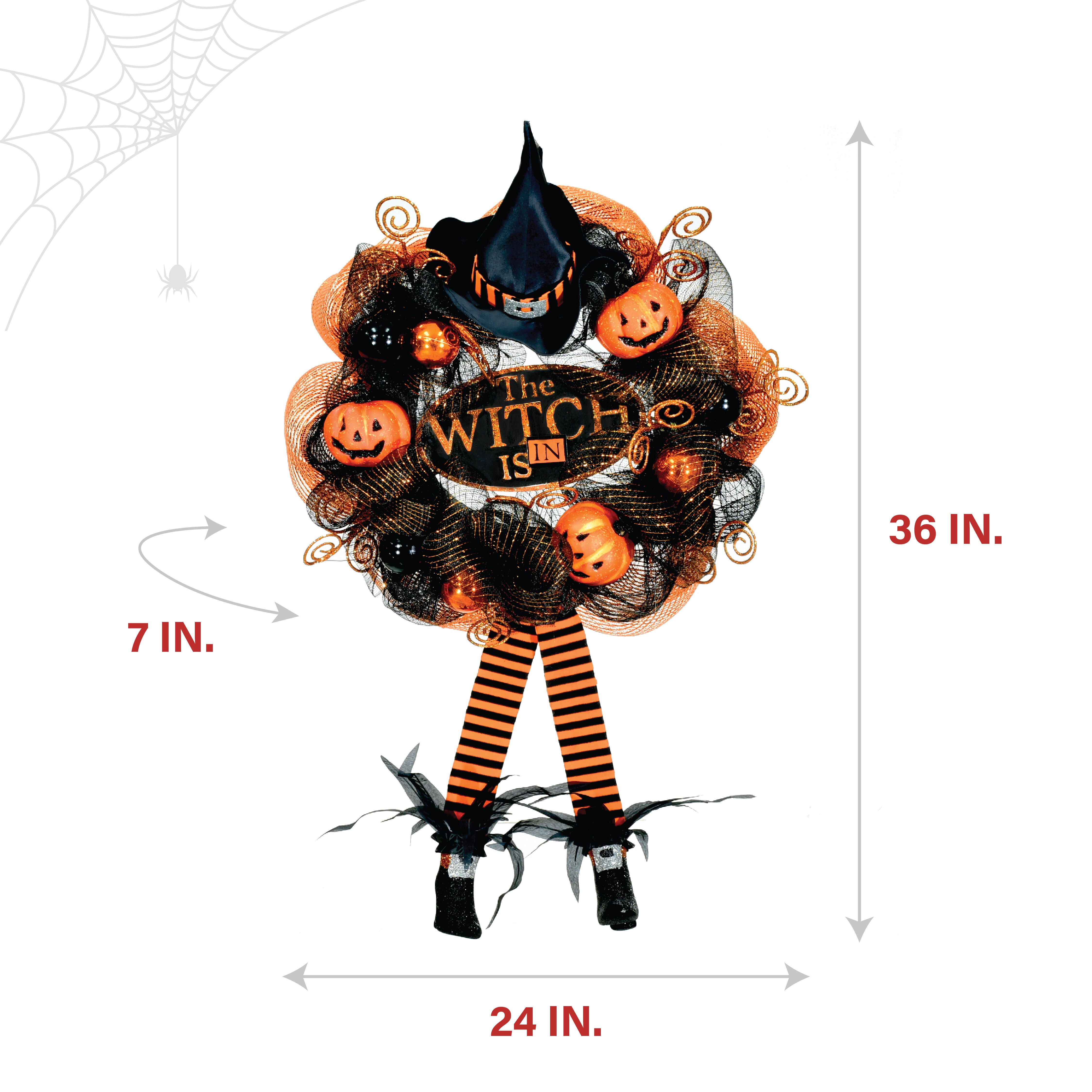 Haunted Hill Farm - 24-in. Halloween Wreath with Witch Hat and Legs, Pumpkins, and Ornaments - Black, Orange