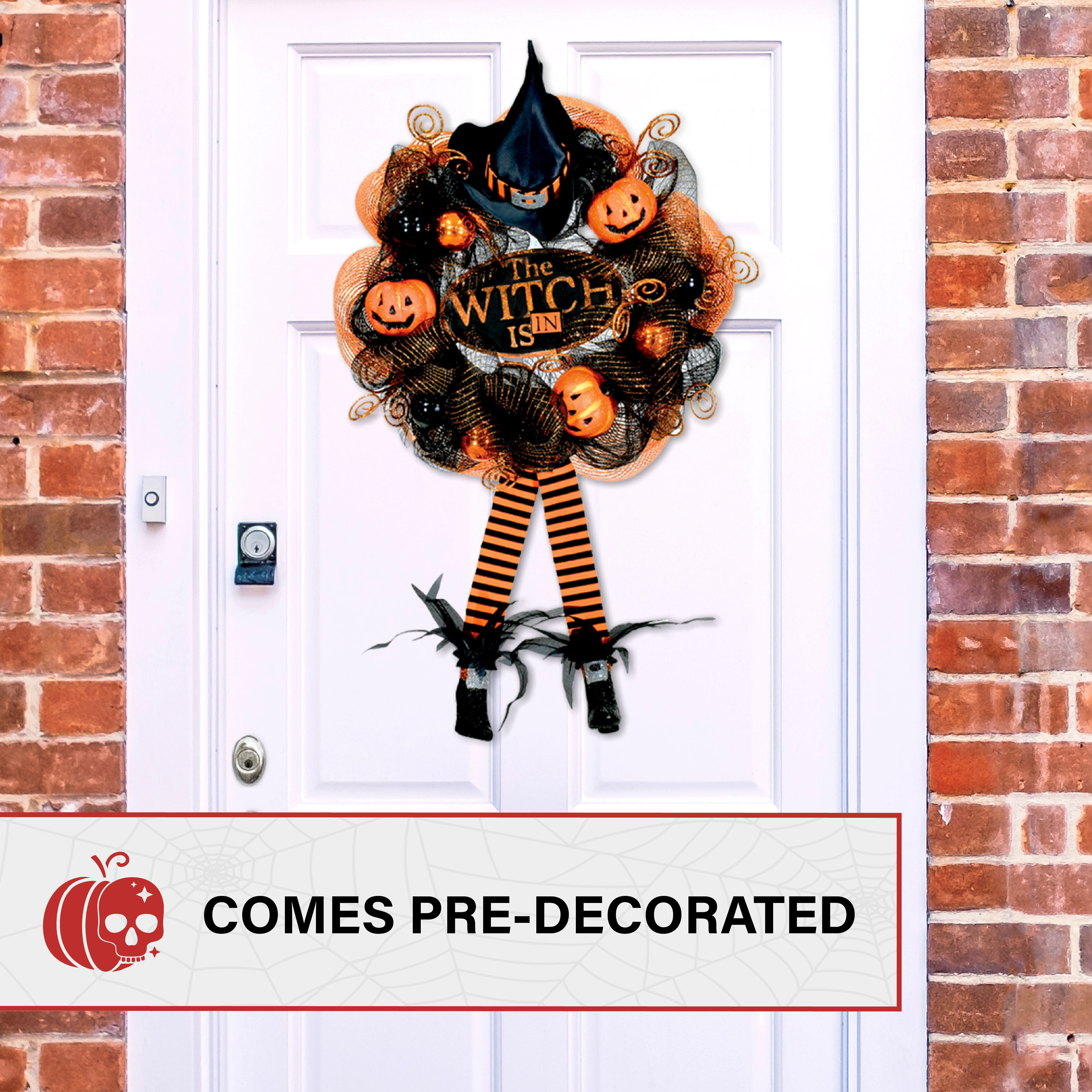 Haunted Hill Farm - 24-in. Halloween Wreath with Witch Hat and Legs, Pumpkins, and Ornaments - Black, Orange