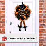 Haunted Hill Farm - 24-in. Halloween Wreath with Witch Hat and Legs, Pumpkins, and Ornaments - Black, Orange