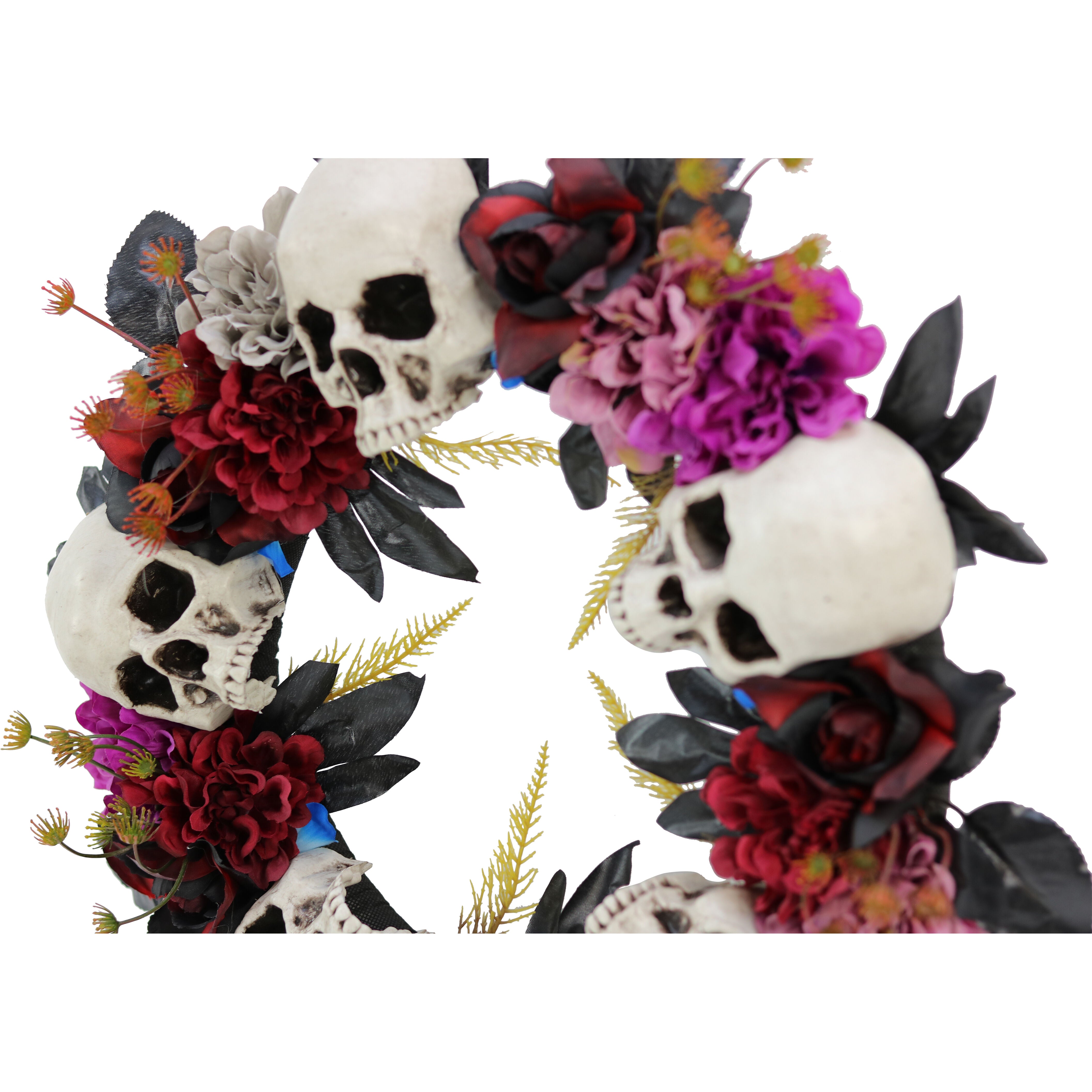 Haunted Hill Farm - 24-In. Halloween Wreath with Skulls, Fall Flowers, and Vines, Indoor/Covered Outdoor Halloween Decoration - Multi