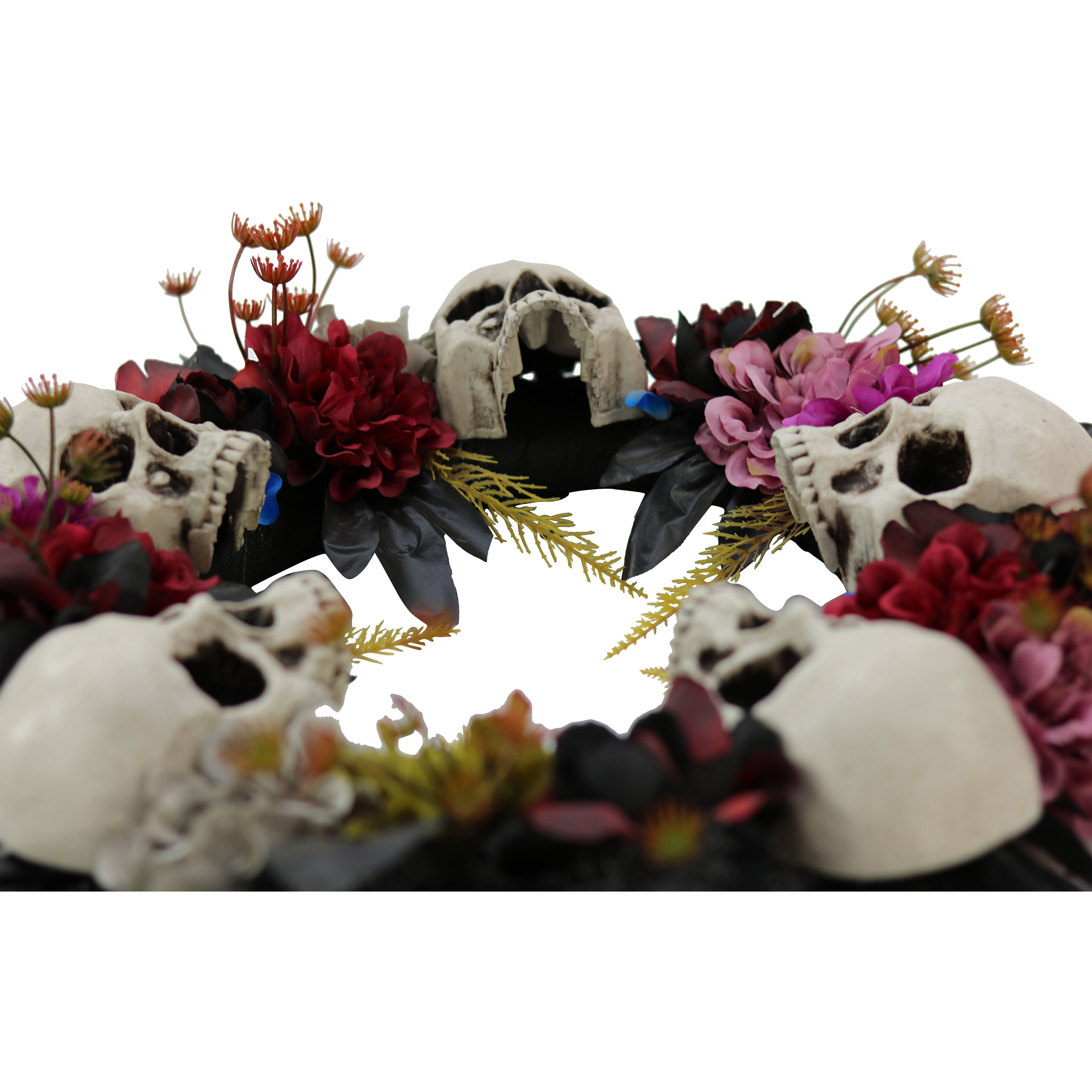 Haunted Hill Farm - 24-In. Halloween Wreath with Skulls, Fall Flowers, and Vines, Indoor/Covered Outdoor Halloween Decoration - Multi