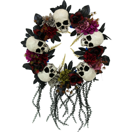 Haunted Hill Farm - 24-In. Halloween Wreath with Skulls, Fall Flowers, and Vines, Indoor/Covered Outdoor Halloween Decoration - Multi