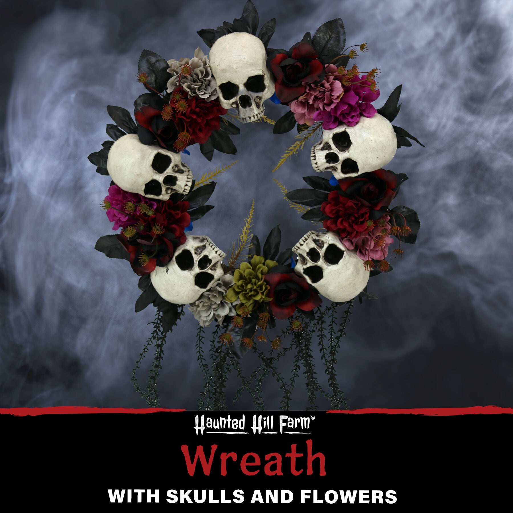 Haunted Hill Farm - 24-In. Halloween Wreath with Skulls, Fall Flowers, and Vines, Indoor/Covered Outdoor Halloween Decoration - Multi