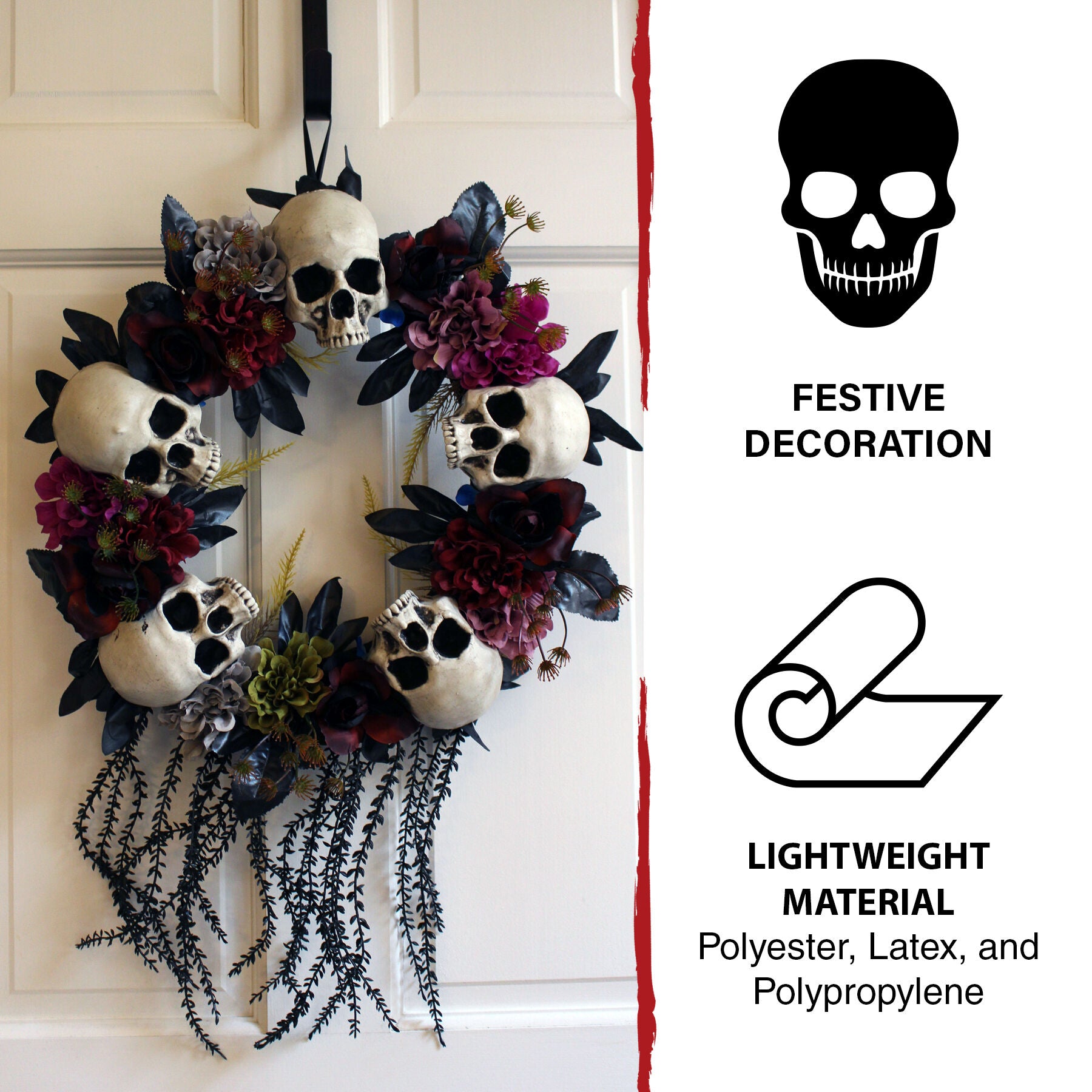 Haunted Hill Farm - 24-In. Halloween Wreath with Skulls, Fall Flowers, and Vines, Indoor/Covered Outdoor Halloween Decoration - Multi