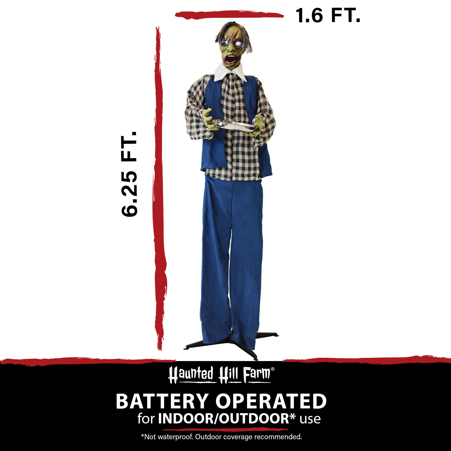 Haunted Hill Farm - 6.25-ft. Zombie Waiter, Indoor/Covered Outdoor Halloween Decoration, LED Purple Eyes, Poseable, Battery-Operated, Timmy - Multi