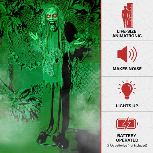 Haunted Hill Farm - Lifesize Animatronic Zombie with Chains with Lights and Sound, Indoor/Covered Outdoor Halloween Decoration