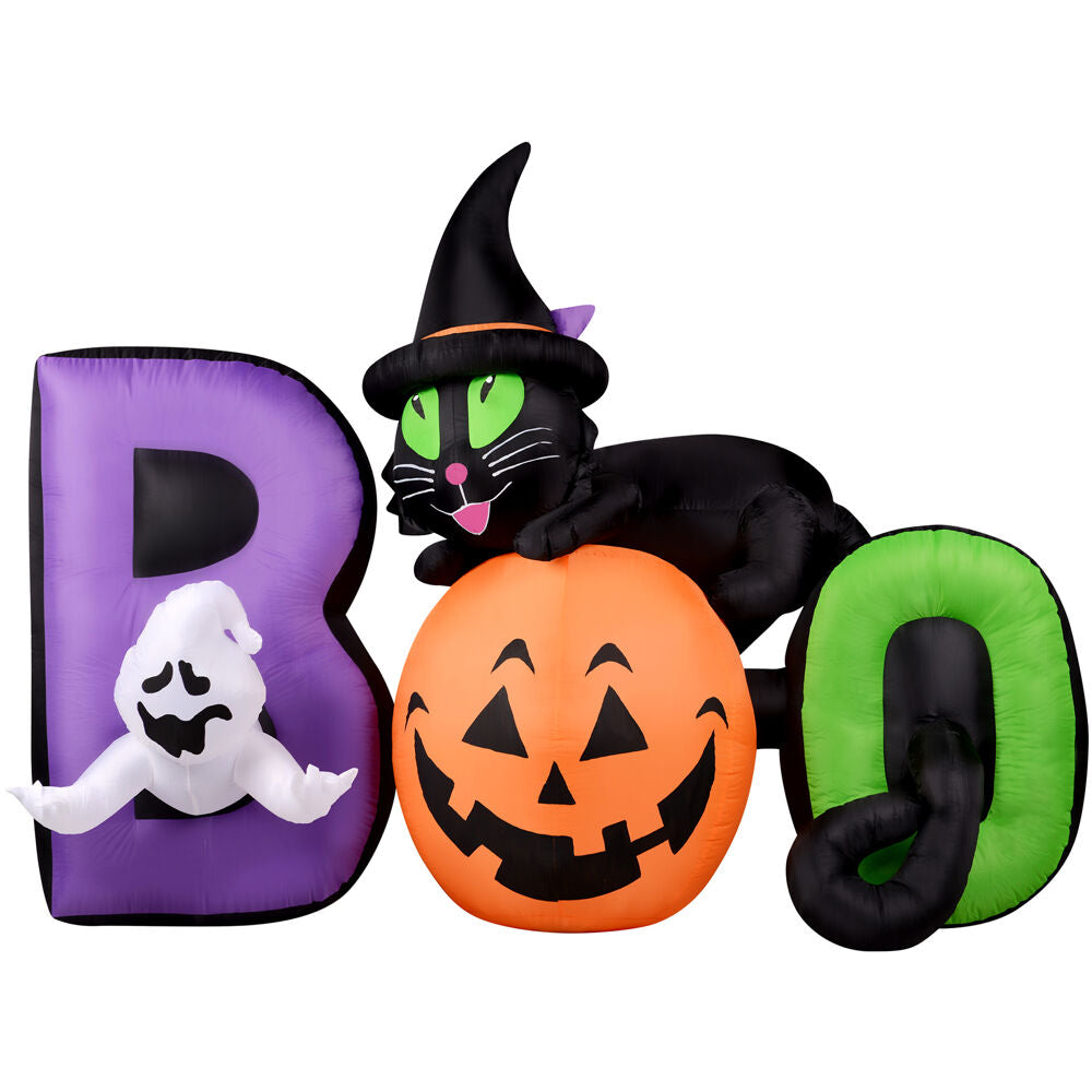 Haunted Hill Farm - 5-Ft. Inflatable Pre-Lit Boo Sign with Black Cat, Jack-O-Lantern, and Ghost - Multi