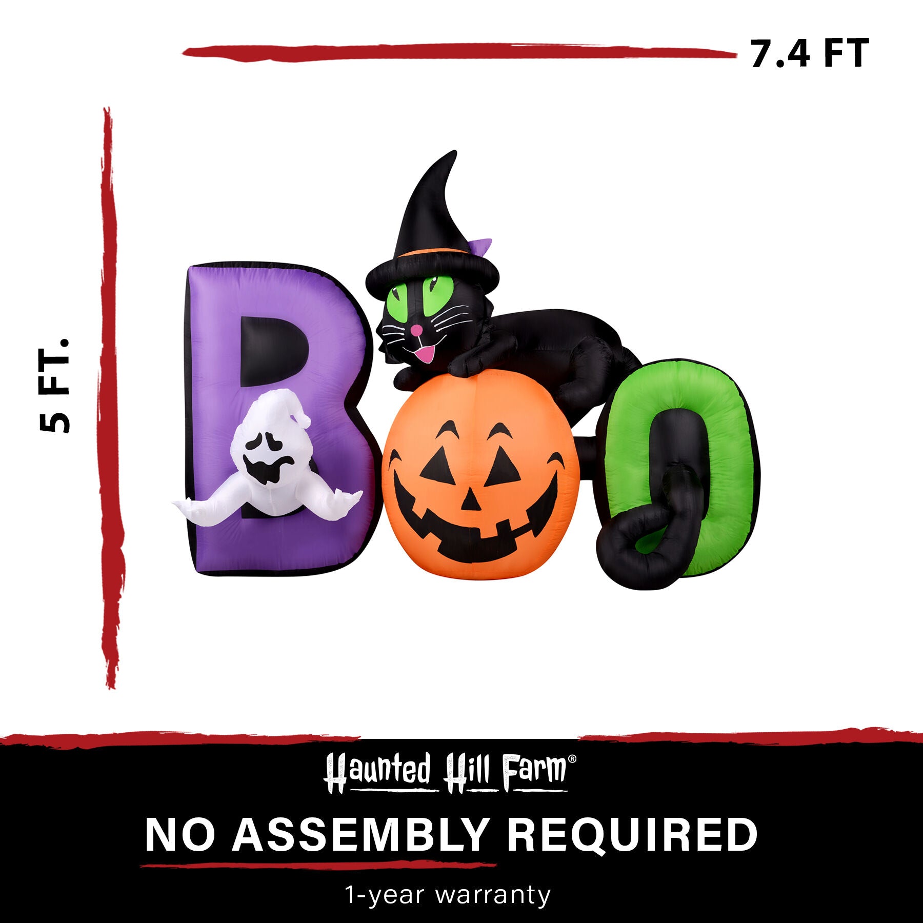 Haunted Hill Farm - 5-Ft. Inflatable Pre-Lit Boo Sign with Black Cat, Jack-O-Lantern, and Ghost - Multi