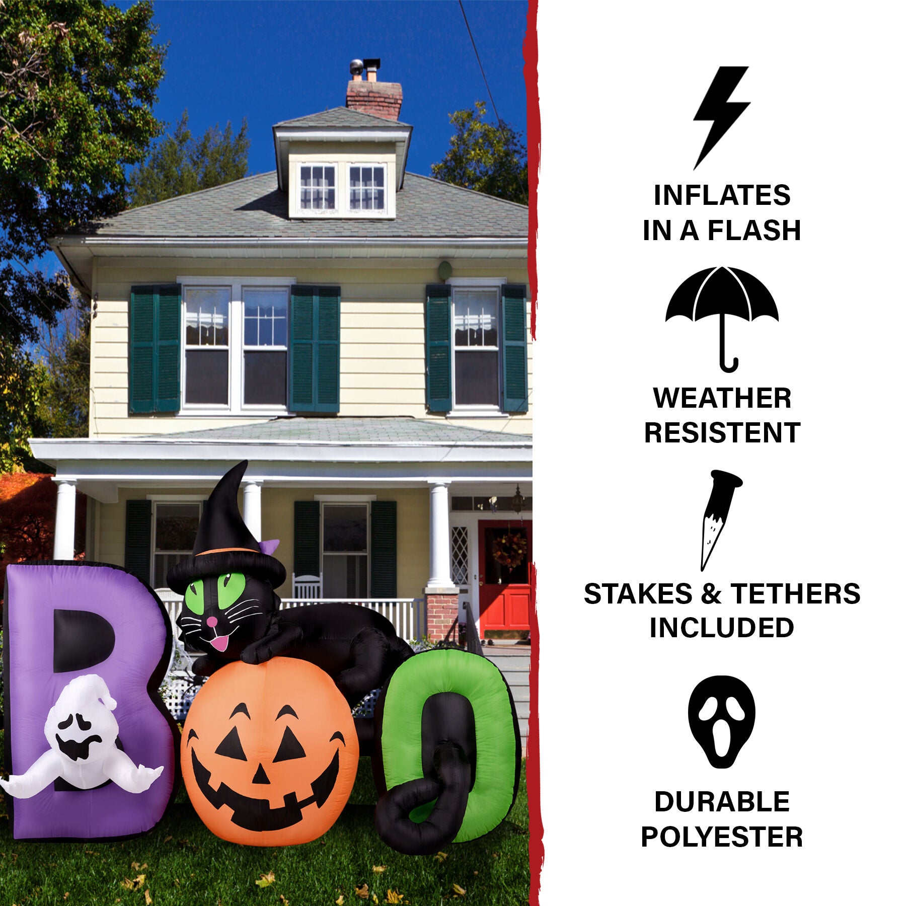 Haunted Hill Farm - 5-Ft. Inflatable Pre-Lit Boo Sign with Black Cat, Jack-O-Lantern, and Ghost - Multi