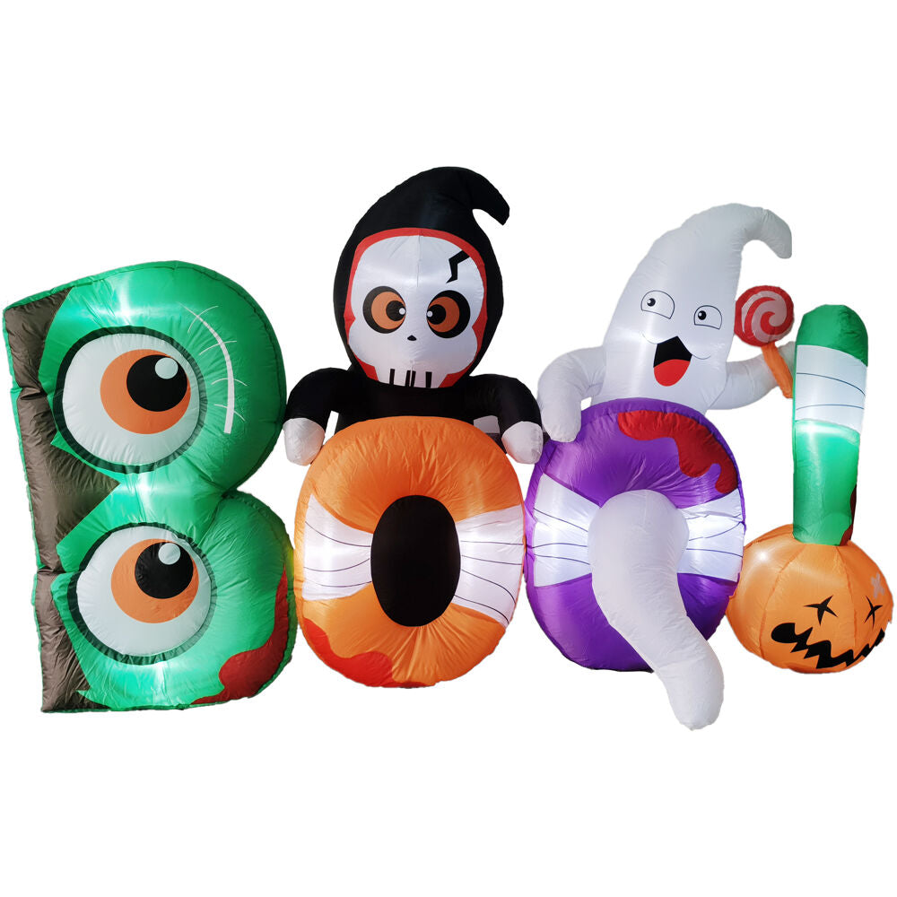 Haunted Hill Farm - 8-ft. Wide Prelit Inflatable Boo Sign with Reaper and Ghost - Black