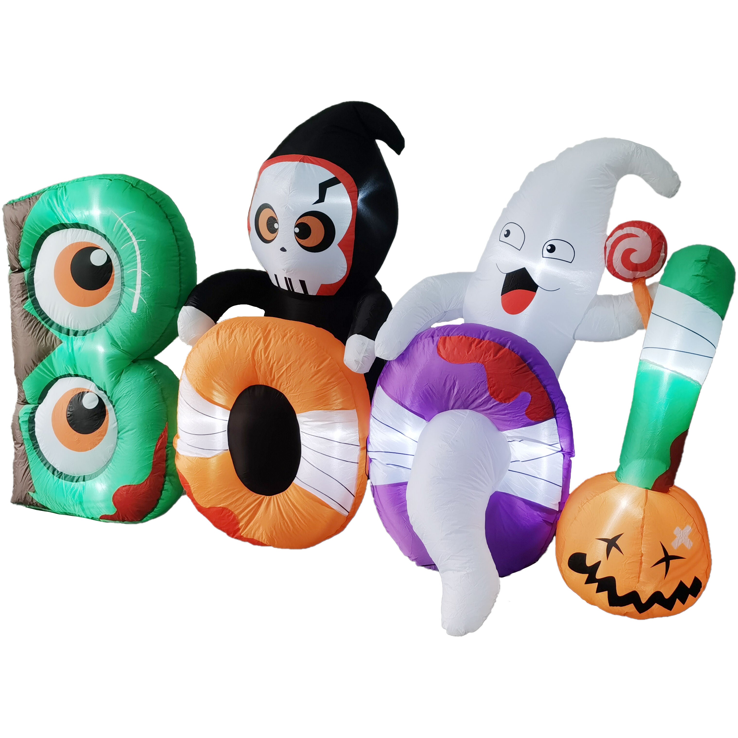 Haunted Hill Farm - 8-ft. Wide Prelit Inflatable Boo Sign with Reaper and Ghost - Black