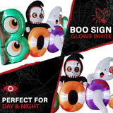 Haunted Hill Farm - 8-ft. Wide Prelit Inflatable Boo Sign with Reaper and Ghost - Black