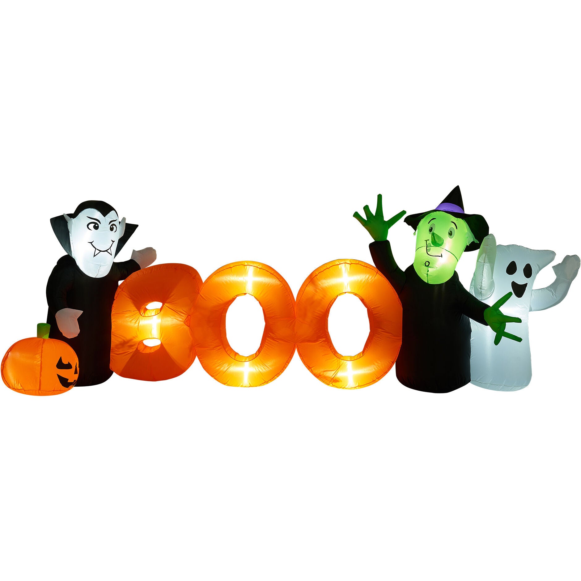 Haunted Hill Farm - 10-ft. Wide Prelit Inflatable Boo Sign with Vampire, Ghost, and Witch - Orange