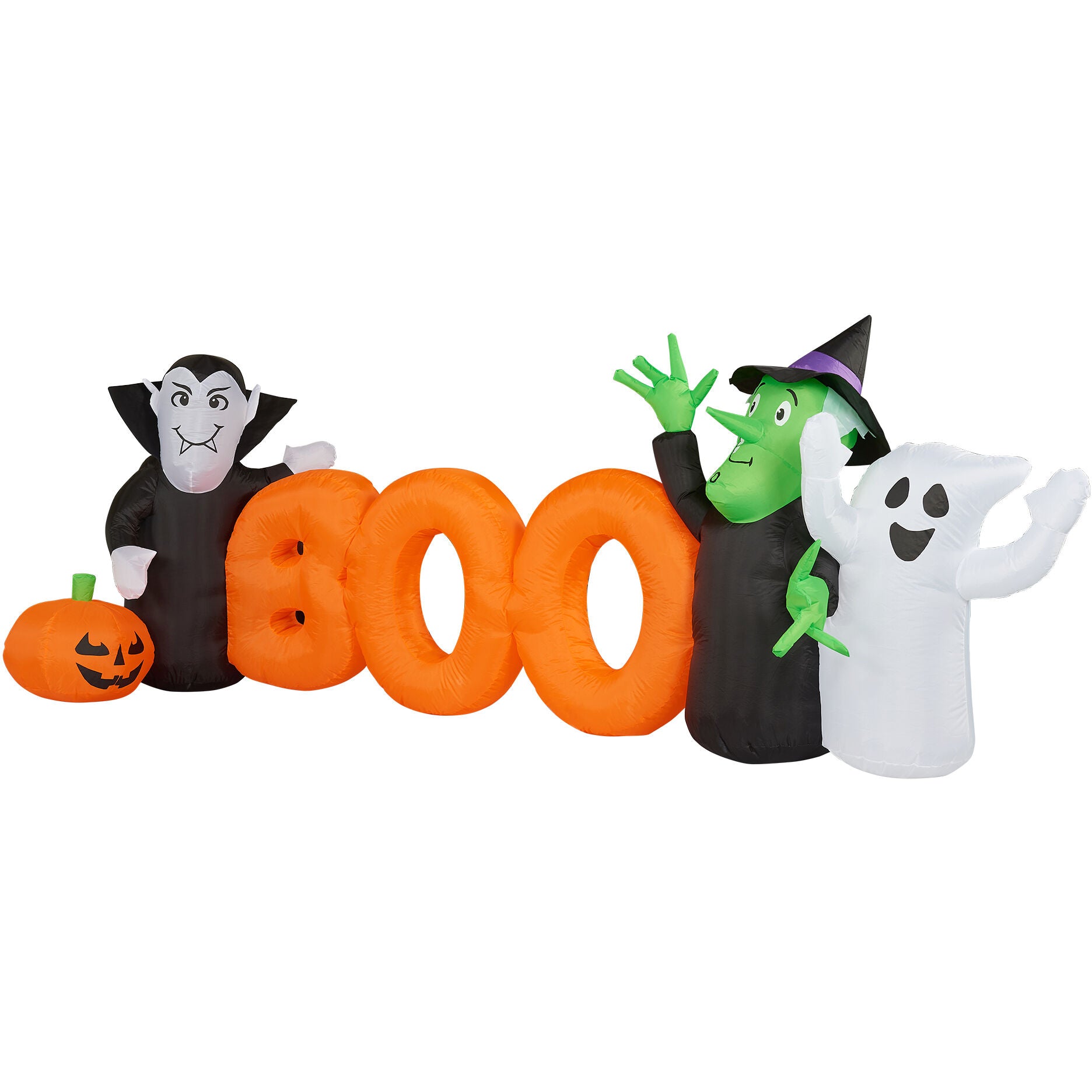 Haunted Hill Farm - 10-ft. Wide Prelit Inflatable Boo Sign with Vampire, Ghost, and Witch - Orange