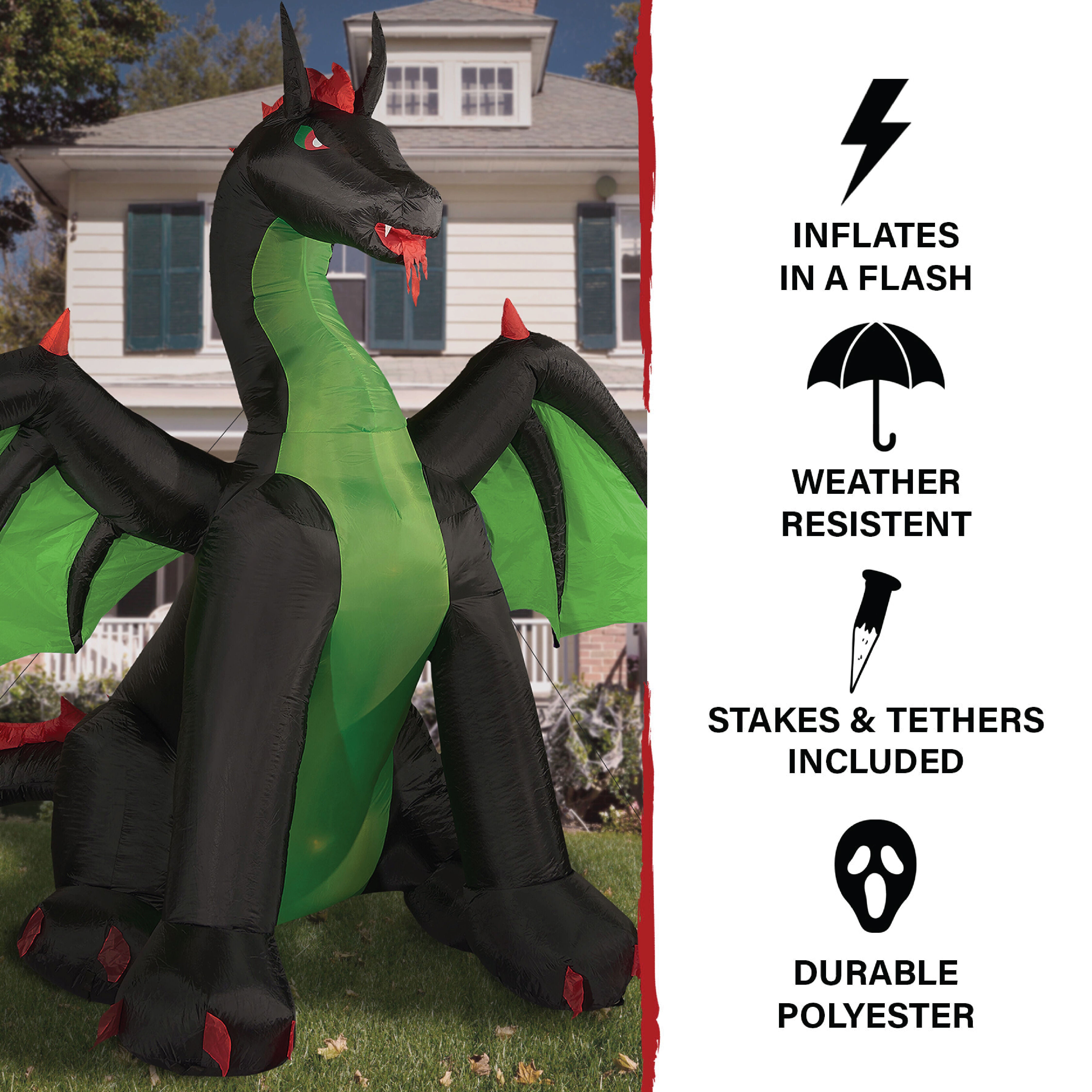 Haunted Hill Farm - 11.8-Ft. Inflatable Pre-Lit Dragon with White Lights - Black