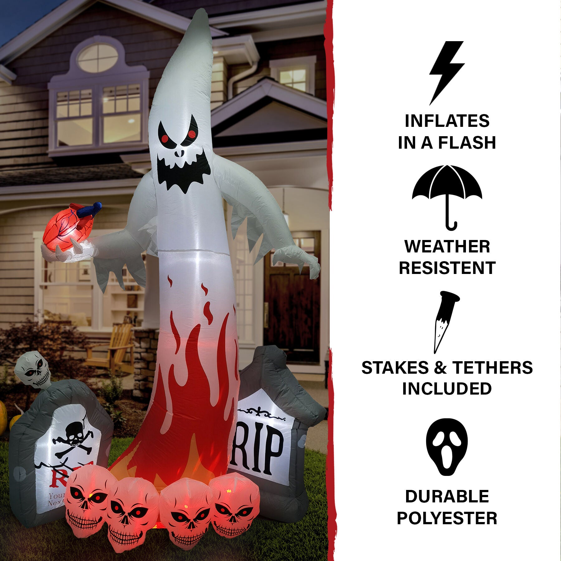 Haunted Hill Farm - 9-ft. Prelit Inflatable Graveyard Ghost with Skulls - Black