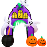 Haunted Hill Farm - 9-ft. Prelit Inflatable Haunted House Arch with Ghosts and Pumpkins - Black