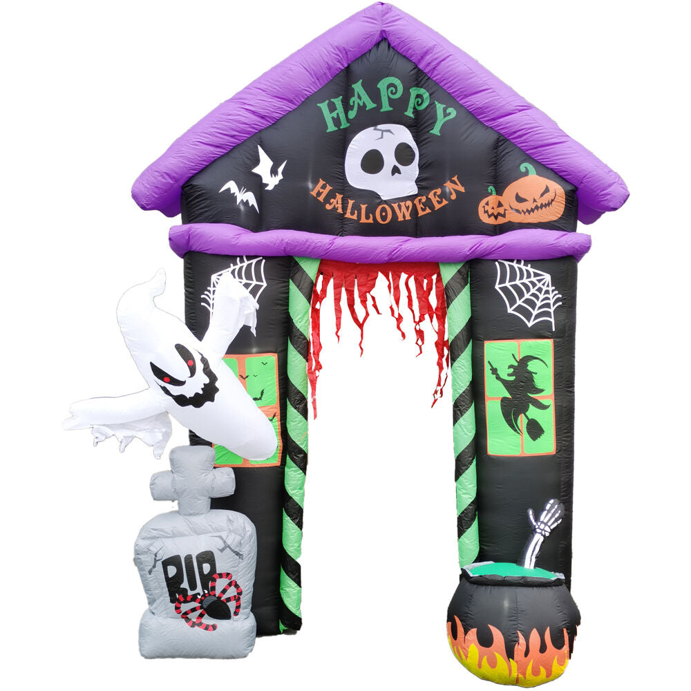 Haunted Hill Farm - 9-ft. Prelit Inflatable Haunted House Arch with Ghost, Tombstone, and Cauldron - Black