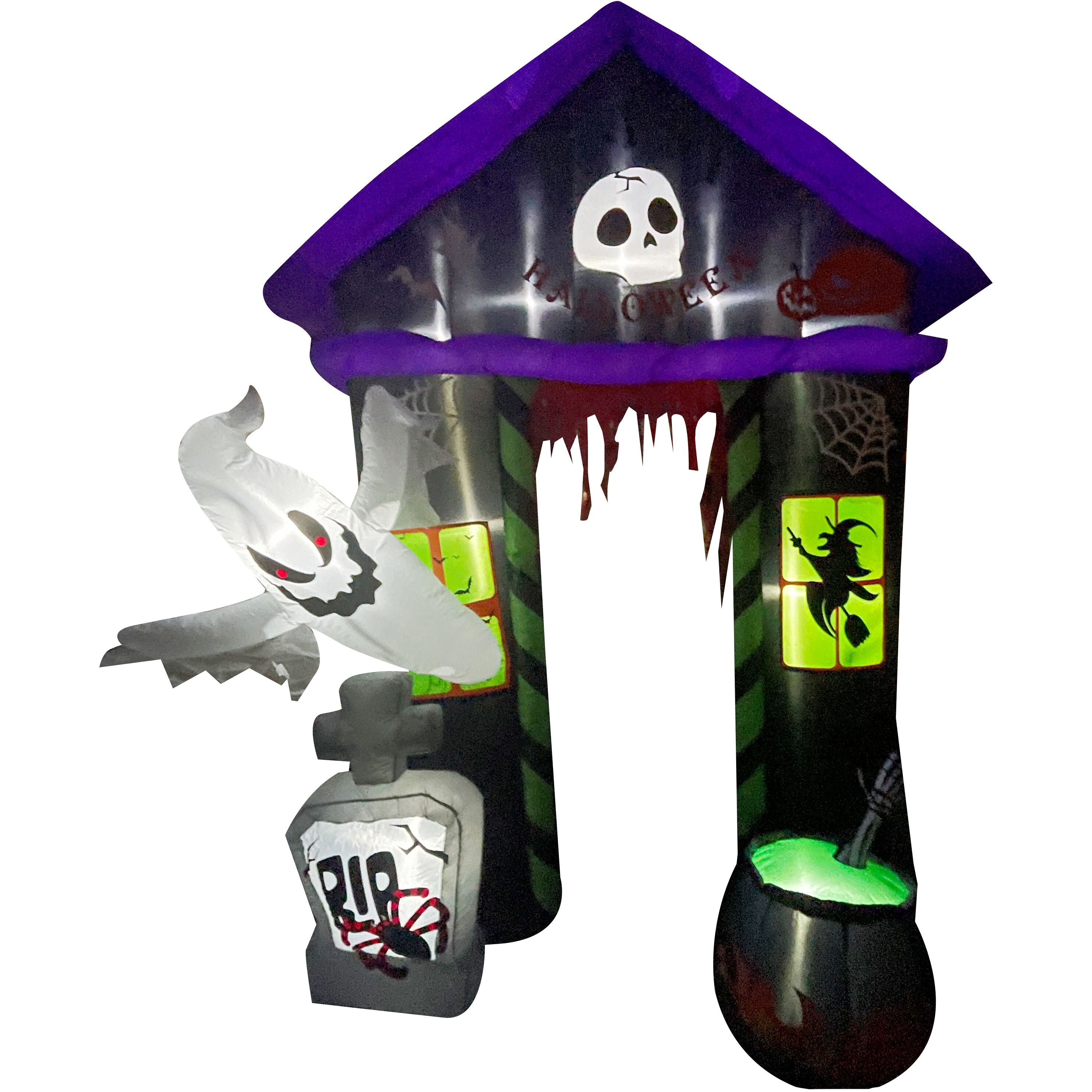 Haunted Hill Farm - 9-ft. Prelit Inflatable Haunted House Arch with Ghost, Tombstone, and Cauldron - Black