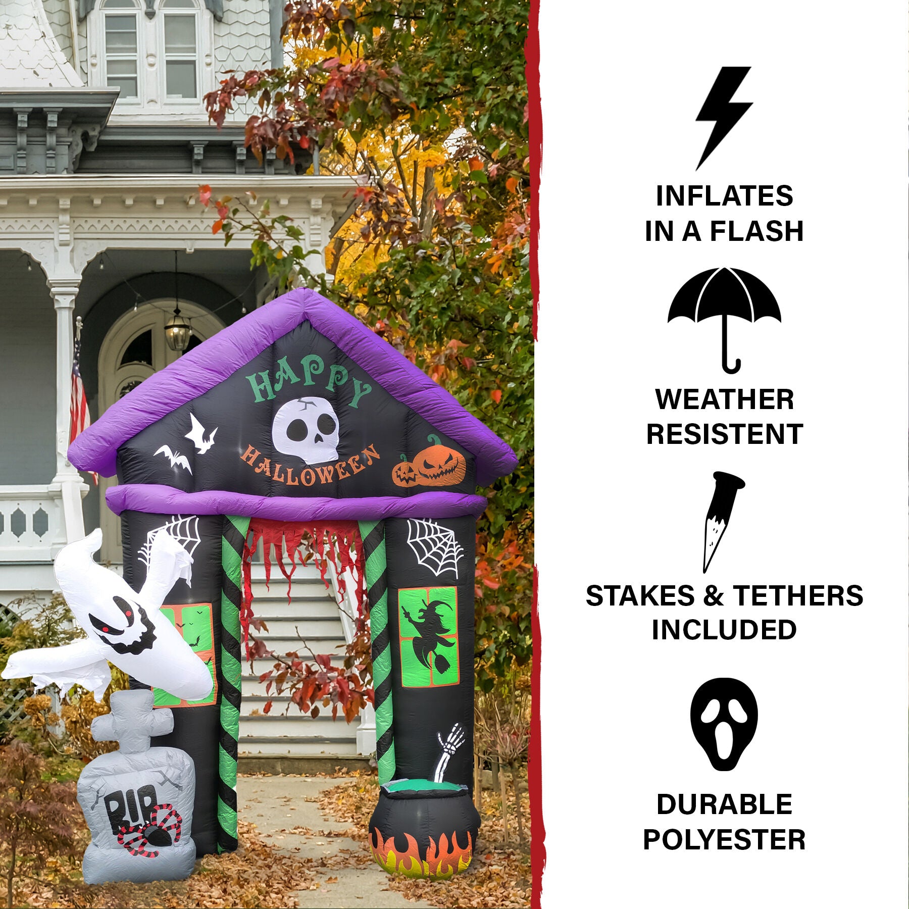 Haunted Hill Farm - 9-ft. Prelit Inflatable Haunted House Arch with Ghost, Tombstone, and Cauldron - Black